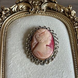 Elegant Cameo Brooch with Pink and Cream Accents